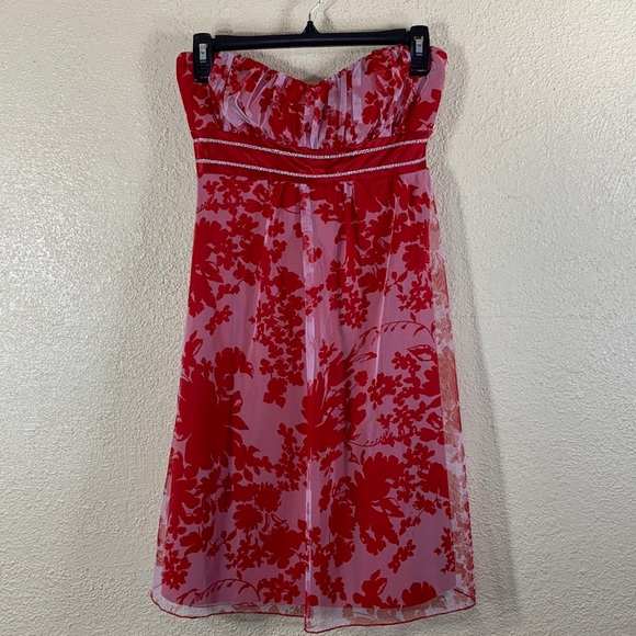Teeze Me Party Mini Dress Red White Floral Strapless M - Picture 1 of 12